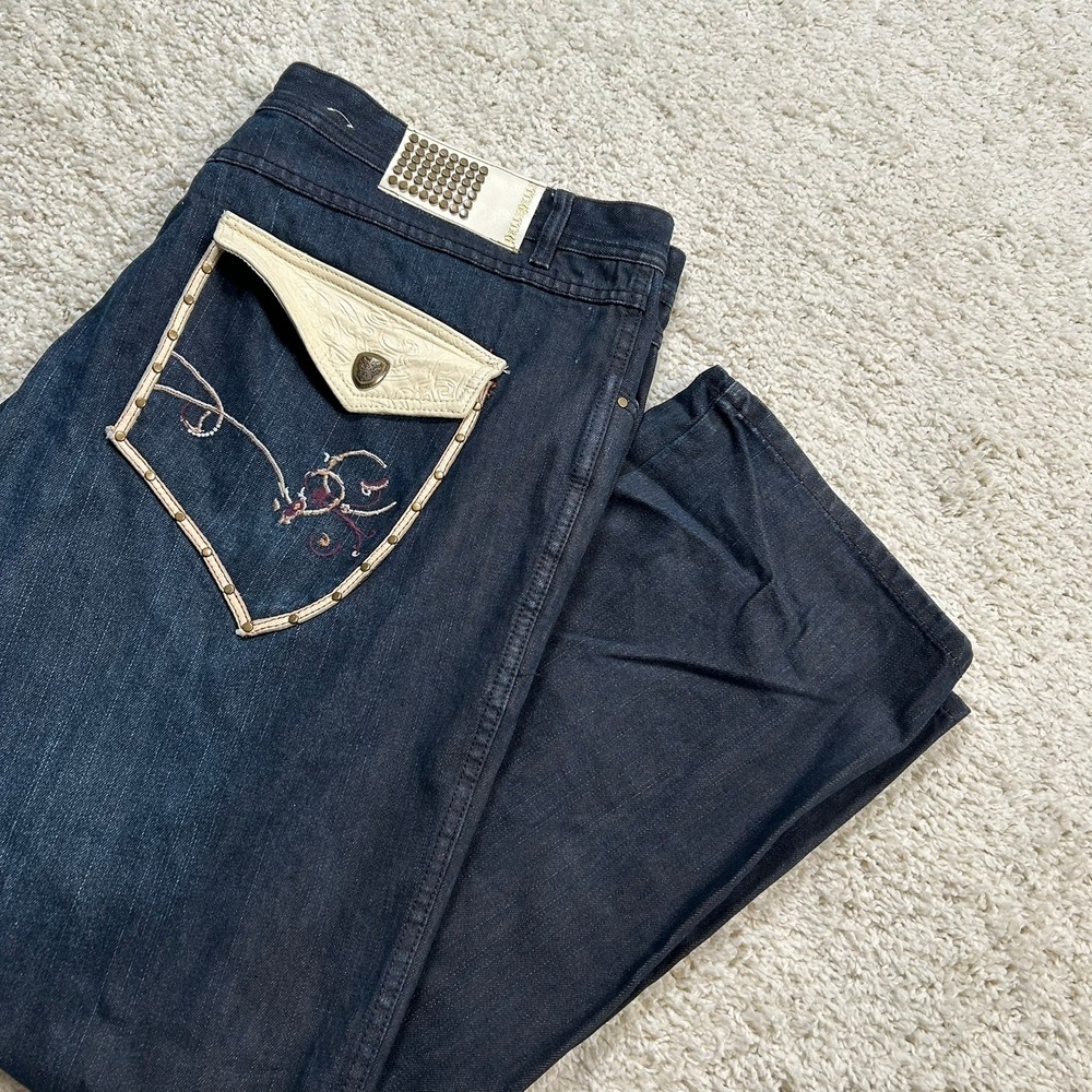 Vintage Pelle Pelle Jeans 46X34 Fits 46X33 Blue Dark Wash Studded Leather Y2K